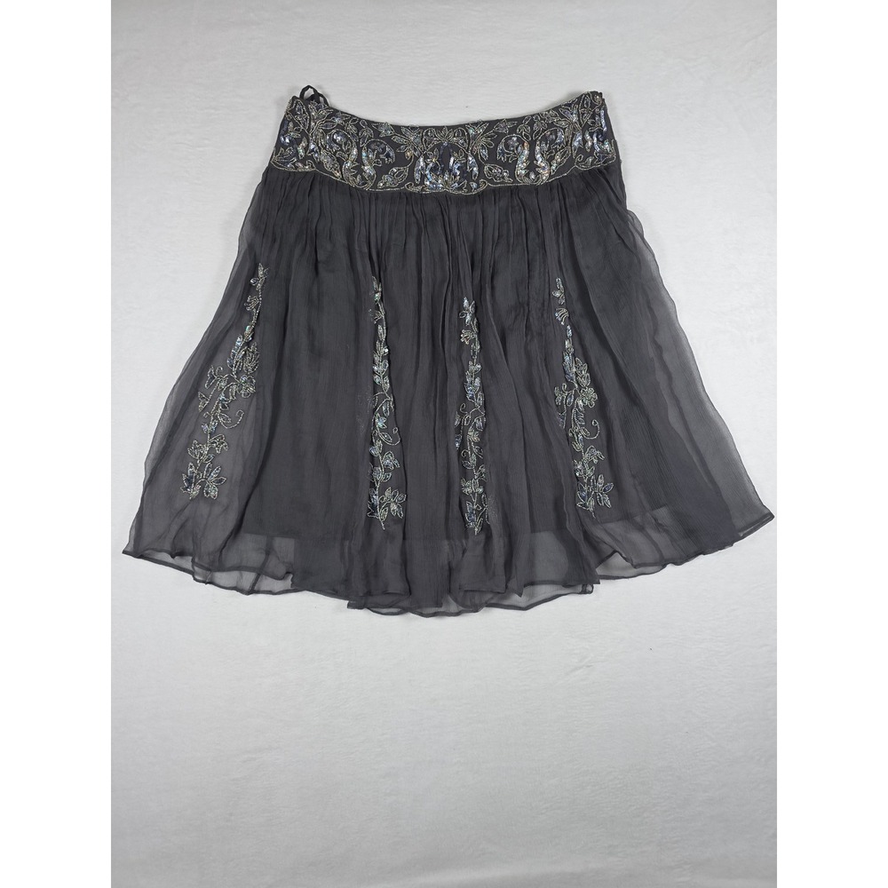 Vintage Spiegel Silk Mini Skirt Beaded Floral Sequin Gray 12 Whimsigoth Boho